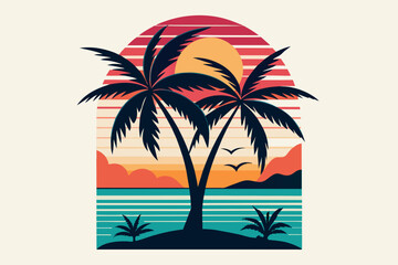 Fototapeta na wymiar t-shirt-design--with-sunset-vector illustration-vintage--white-background