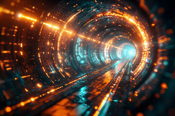 Abstract, glowing golden tunnel with a futuristic, geometric design leading to a mysterious, virtual reality portal in a sci-fi setting