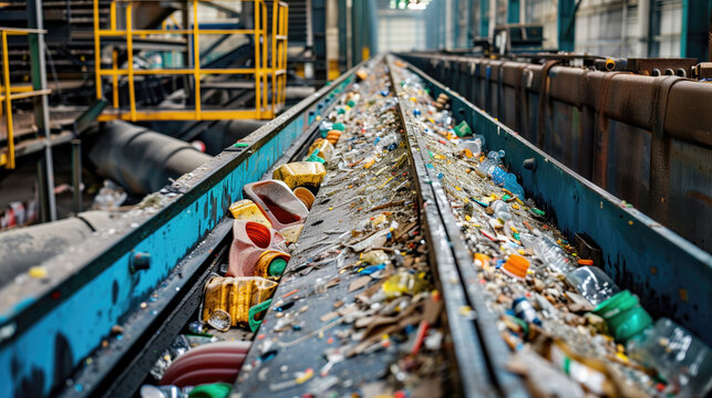 Garbage processing. The conveyor at the processing plant. The garbage moves through the conveyor tape. Processing of plastic and waste.
