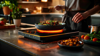 Smart Kitchen With Interactive Intelligent Hot Plate - obrazy, fototapety, plakaty