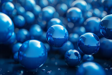 Abstract blue 3d spheres on dark blue background, top view, wallpaper