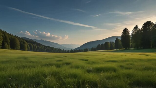 Ecology Green field grass with mountain in the background 