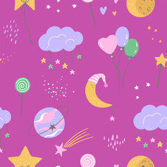 Seamless pattern with cloud, moon, planet, balloons and stars