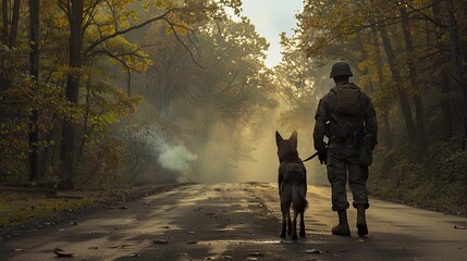 soldier and a military working dog patrolling an asphalt road in the forest.
