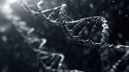  3D render of a double helix DNA structure, in grayscale on a dark background, with a bokeh effect