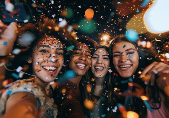 Group of Women Standing Under Confetti