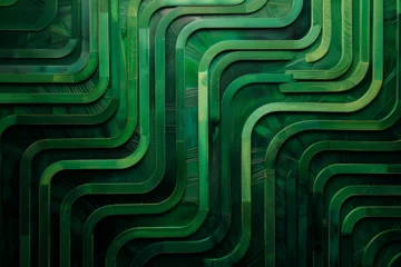 Fotobehang A green, curvy line pattern with a metallic look. The image has a futuristic vibe. The lines are very thick and seem to be made of metal. Generative AI © Keattipoom