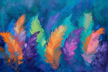 Vivid Plumage: Abstract Impressionist Art with Colorful Feather Motifs - obrazy, fototapety, plakaty