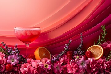 a macro photo of a colorful and artistic advertisement for a raspberry gin