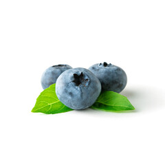 Fresh raw organic blueberries with green leaf on white background. Food concept.