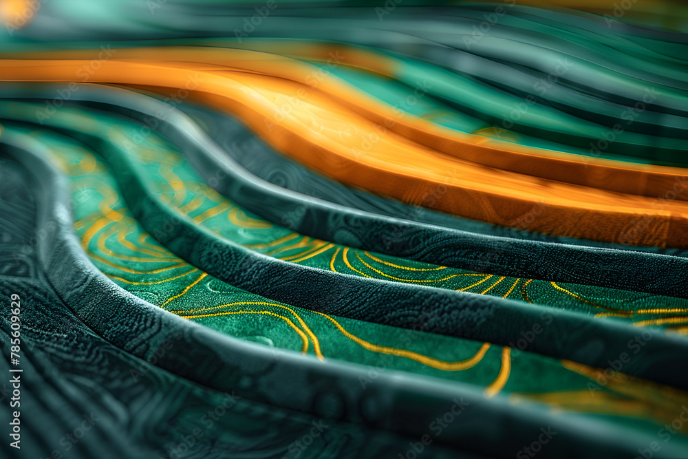 Poster a green and yellow striped surface with a pattern of leaves. the stripes are wavy and the pattern is