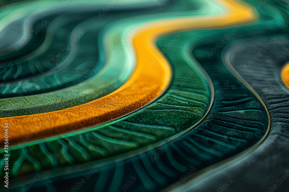 Poster a green and yellow striped surface with a pattern of leaves. the stripes are wavy and the pattern is
