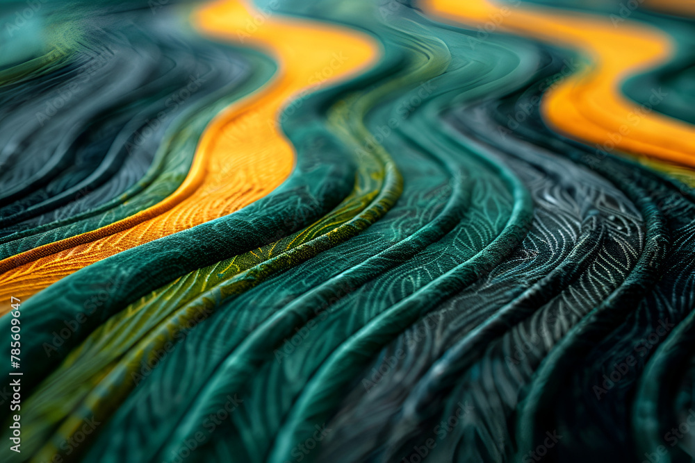 Poster a green and yellow striped surface with a pattern of leaves. the stripes are wavy and the pattern is