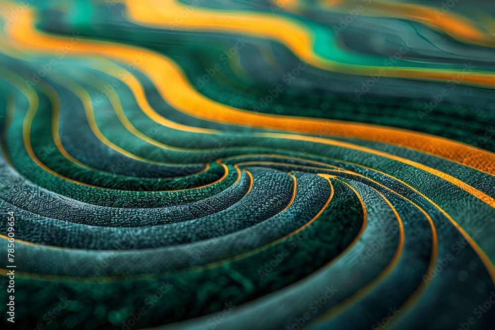 Poster a green and yellow striped surface with a pattern of leaves. the stripes are wavy and the pattern is