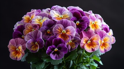   A bouquet of purple and yellow pansies in a glass vase against a black background