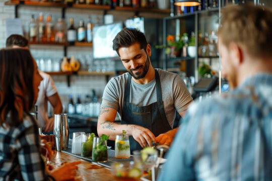 Cocktail Making Masterclass at a Bar, Bartender Showing Techniques to a Group, Focus on Hands, Ingredients, and Cocktail Glasses