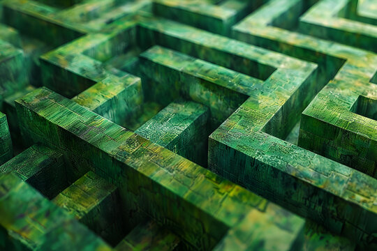 A green maze made of wood blocks. The blocks are arranged in a way that creates a sense of depth and complexity. The maze appears to be a work of art, with its intricate design. Generative AI