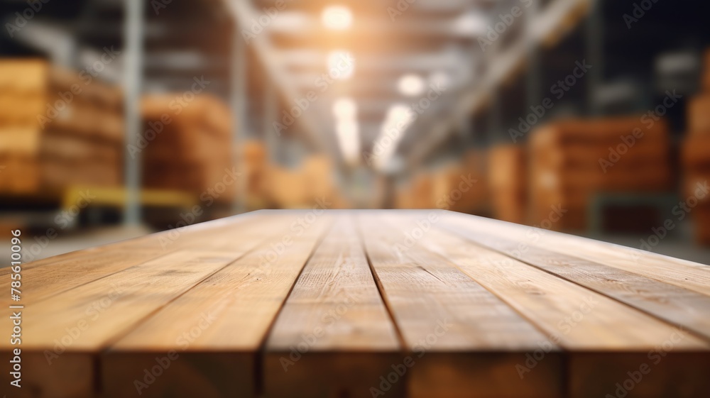 Poster the empty wooden table top with blur background of a large warehouse. exuberant image. generative ai