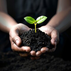 human hands holding a Young green plant growing out of black soil, cut out 
