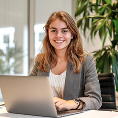 Business woman working in office. A key account manager, working on his laptop. She is smiling