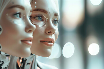 A realistic photo of two beautiful women with robotic faces, looking at each other and smiling. The background is blurred, creating soft lighting and a dreamy atmosphere