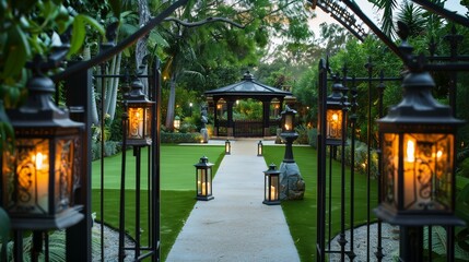 Fototapeta na wymiar Tranquil path lined with lanterns leads to artificial turf and a secluded gazebo.