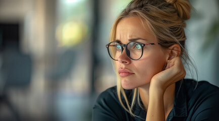 A woman in her late thirties, wearing glasses and with blonde hair tied back behind the ears is sitting at an office desk, looking worried or sad while she looks to one side of herself. She has hand o