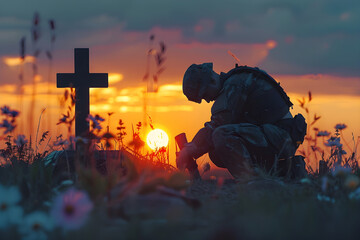 A military man kneels at the grave of a fallen soldier during sunset, symbolizing the concept of war veteran and sacrifice. - obrazy, fototapety, plakaty