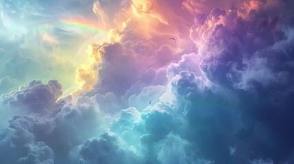 Fototapeta na wymiar Ethereal Pastel Cloud Passage with Iridescent Rainbow and Gliding Ethereal Animals