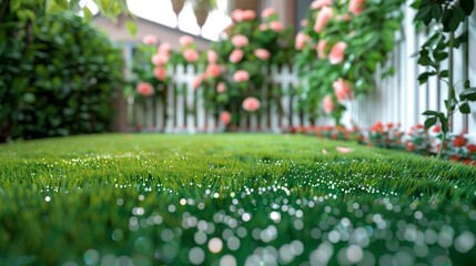 Morning dew sparkles on synthetic grass in a tiny garden, surrounded by a white fence and climbing...