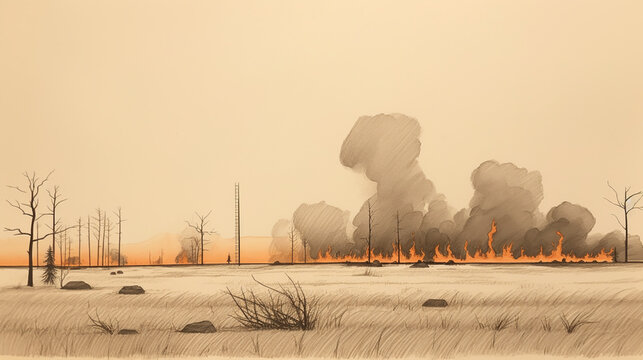 Wildfire in forest. Illustration of a forest fire. Banner, brochure, poster template. Natural disaster.