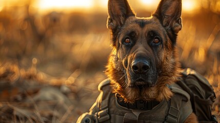 Working dog German Shepherd wearing military vest sits on dirt road