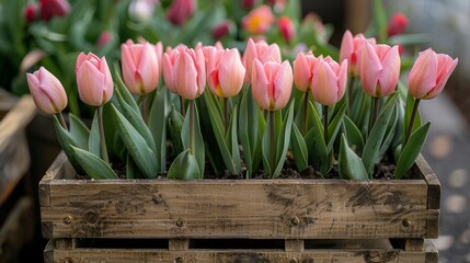 Wooden Box Filled With Pink Tulips on Table