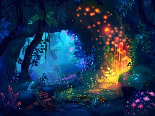 Enchanting Glowing Grotto Concealing Fantastical Creatures and Rainbow Arcs in Mysterious Woodland Landscape