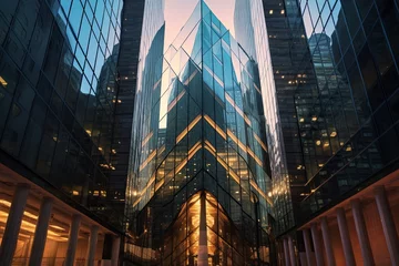 Zelfklevend Fotobehang Futuristic Glass Architecture in Downtown Financial District  © Pixel Alchemy