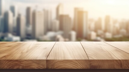 The wooden table top with blur background of modern office interior with cityscape in the morning. Exuberant image. generative AI