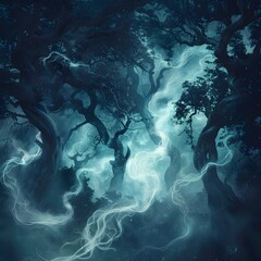 Ethereal Spirits Illuminating Twisted Ancient Trees in Mysterious Dark Forest