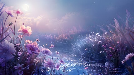 Enchanting Pastel Garden of Playful Spirits under Soft Moonlight