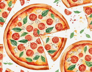 Artistic Pizza Watercolor Illustration with Tomato and Basil