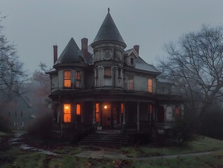 Fototapeta premium Pastel Colored Abandoned Victorian Mansion Lit by Flickering Lights at Dusk in Atmospheric Landscape