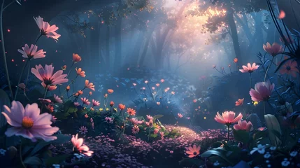 Fotobehang Delicate Pastel Garden with Ethereal Spirits Frolicking Beneath a Soft Moonlit Canopy © Nurfadeelah