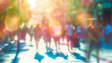 blurred scene of people walking outside building in summer , the weather is so hot .