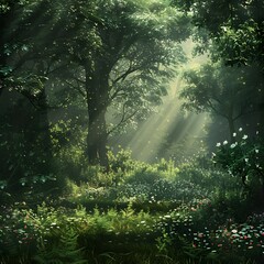 Enchanted Forest Glade - Serene Spring Morning Backdrop for Nature-inspired Product Showcase and Green Innovation