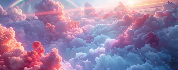 Enchanting Aerial View of Pastel Cloud City Inhabited by Ethereal Spirits Amidst Shimmering Rainbows - obrazy, fototapety, plakaty