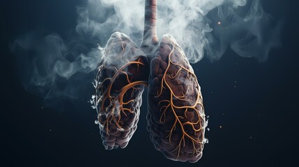 Human lungs with smoke isolated on black background. 3D illustration. - obrazy, fototapety, plakaty