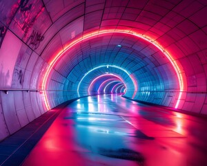 Futuristic Neon Lit Architectural Corridor with Dynamic Lighting and Street Art Inspired Visuals