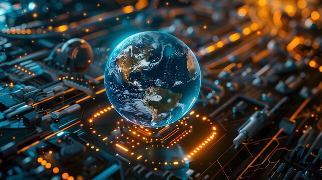 futurist concept with blue globe on a cyberworld earth on a circuit board generative ai