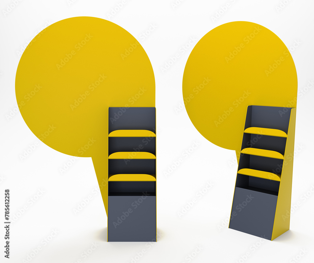 Poster yellow pos floor stand display, blank empty advertisement stand mock up, front view, 3d rendering