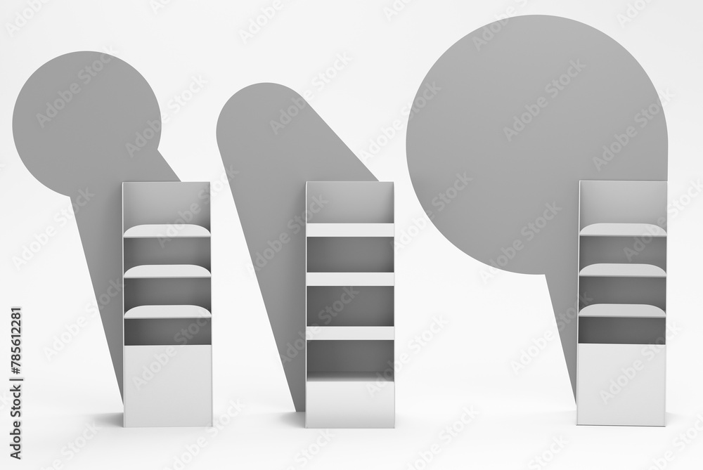 Poster grey pos floor stand displays, blank empty advertisement stand mock up, front view, 3d rendering