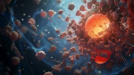 3d illustration of red blood cells against blue background with glowing particles. - obrazy, fototapety, plakaty